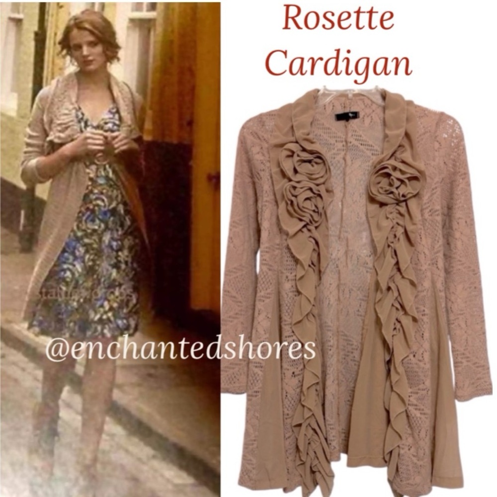 Floral Cardigan Duster Sweater Knit Lace Ruffles Rose Gold Pink Beige Size Small